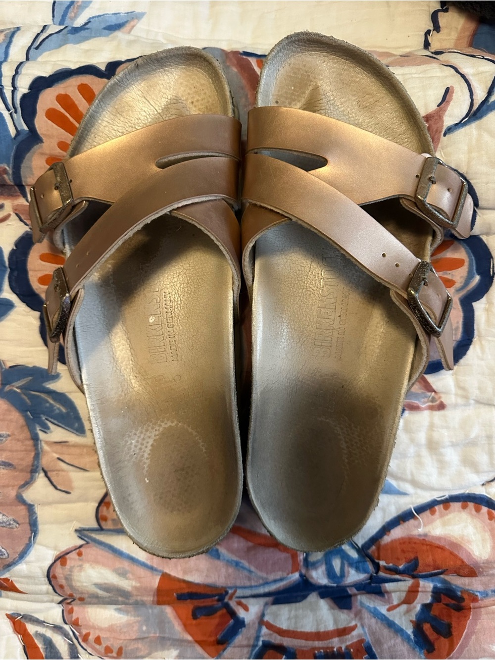 Birkenstock Yao hex Metallic Rose Gold Double-Strap Slide Sandals 40/9